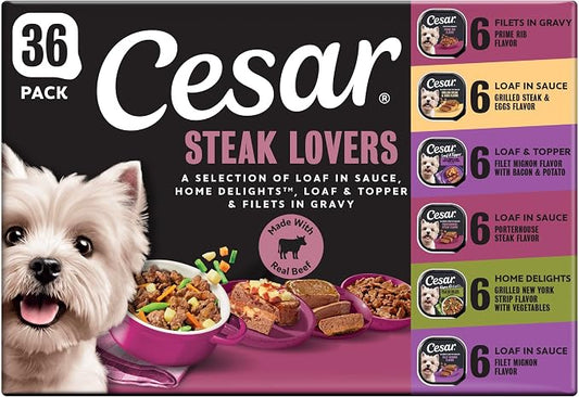 Cesar Adult Wet Dog Food Steak Lovers Variety Pack with Real Meat, 3.5 oz. Easy Peel Trays, 36 Count (Pack of 1)