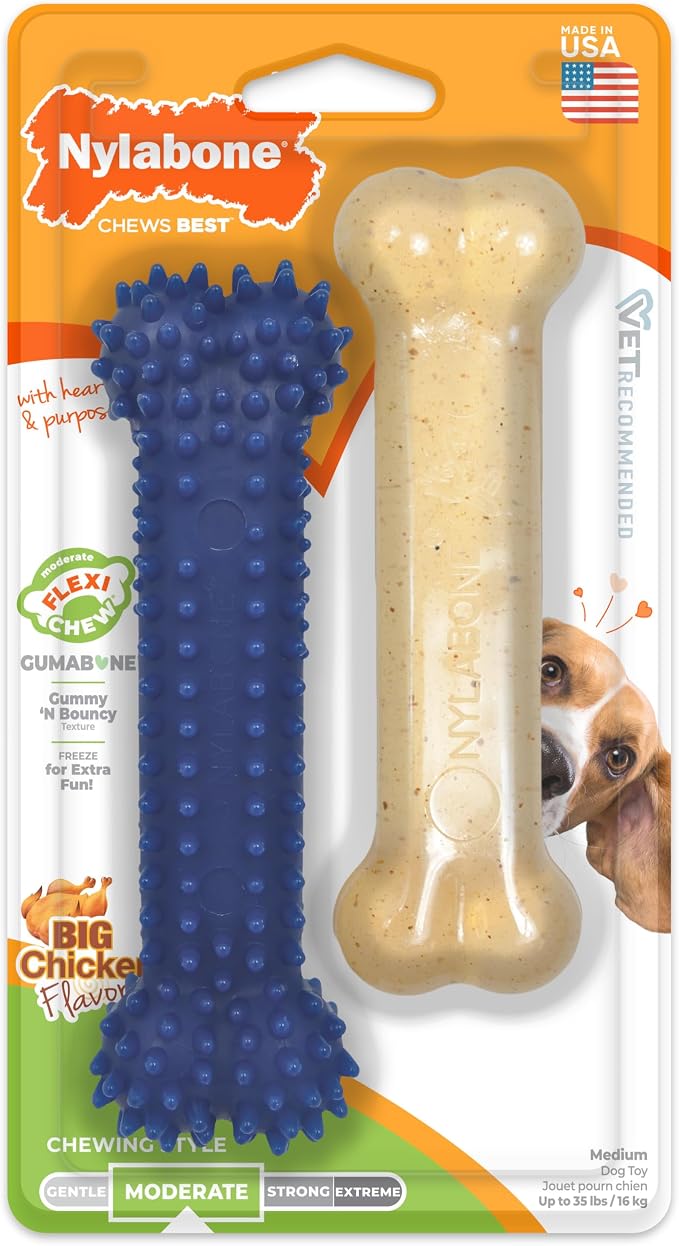 Nylabone Original Bone Flexi Chew Toy for Dogs, Flexible Dog Toys for Moderate & Gentle Chewers, Chicken Flavor, Medium - Up to 35 lbs, 2 Pack