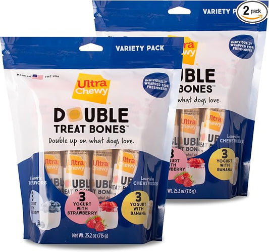 Ultra Chewy Yogurt Double Treat Bones: Strawberry, Blueberry and Banana, Long-Lasting Dog Treats Made in USA for Large and Small Breeds, Highly Digestible (2 Packs)
