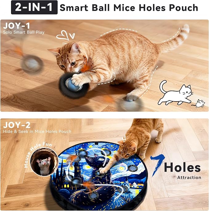 Interactive Cat Toy with Motion Activated Ball & 7-Hole Play Mat, Hide and Seek Exercise Game for Indoor Cats, Automatic Moving Cat Ball in Pouch, Rechargeable Kitten Toys (Starry Night)