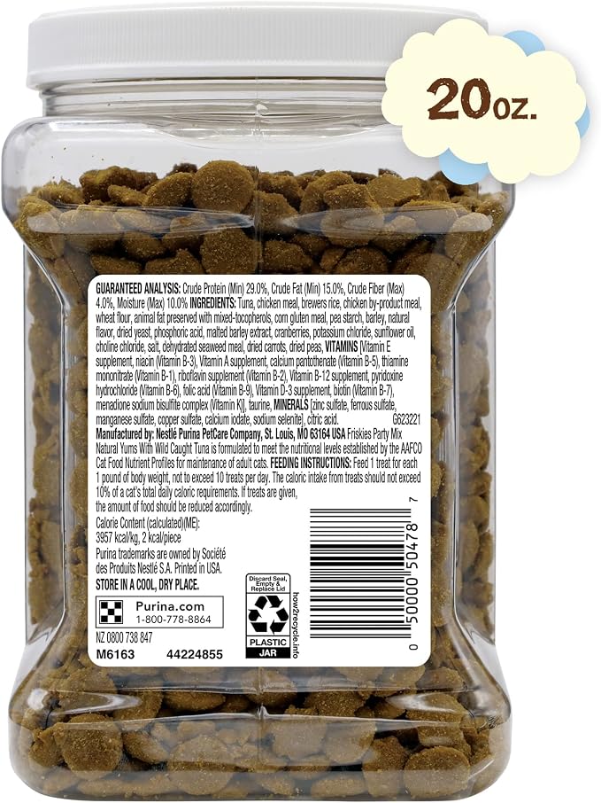Purina Friskies Natural Cat Treats, Party Mix Natural Yums With Wild Caught Tuna and Added Vitamins, Minerals and Nutrients - 20 oz. Canister