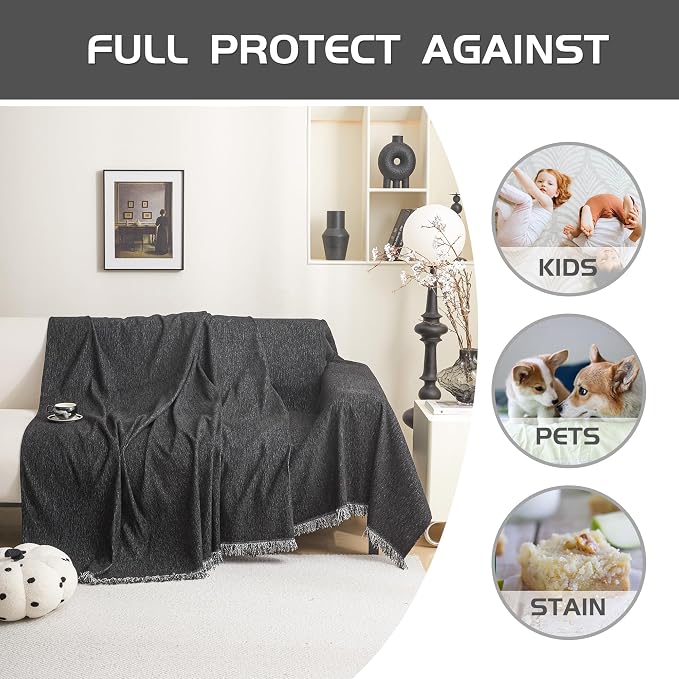 MEETSKY Washable Sofa Cover Black Sectional Couch Covers for 2 Cushion Couch Sofa Thick Universal Chenille Sofa Covers with Tassel Furniture Protector for Dogs, 71"x 102"