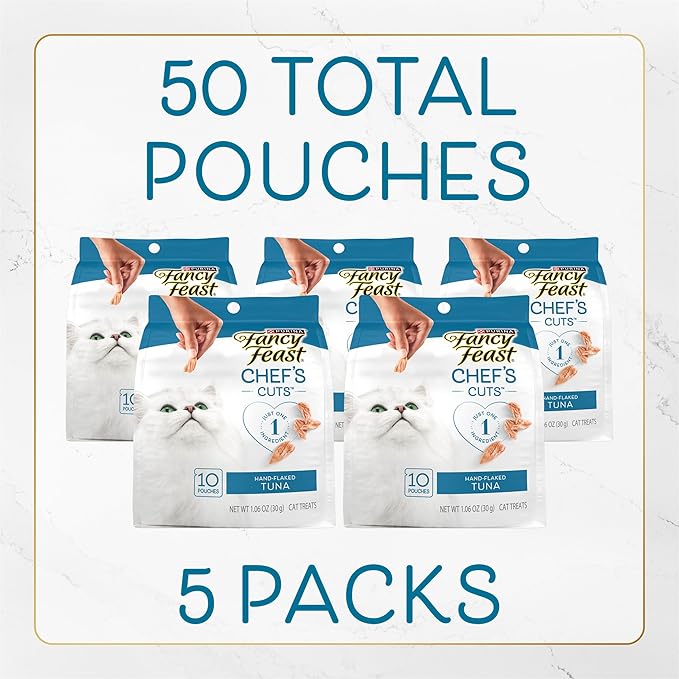 Purina Fancy Feast Purely Hand-Flaked Tuna Cat Treats, Steam-Baked Real Tuna, Pack of 5, 10 Count Pouches