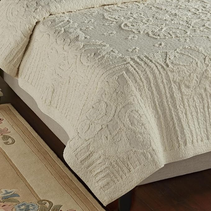 Lorenza Pure Cotton Chenille Bedding | Neutral Ecru | Soft Tufted Scrollwork, Floral, and Stripe Designs | Solid Color 3-Piece Quilted Bed Set includes Oversized California King Quilt and 2 King Shams