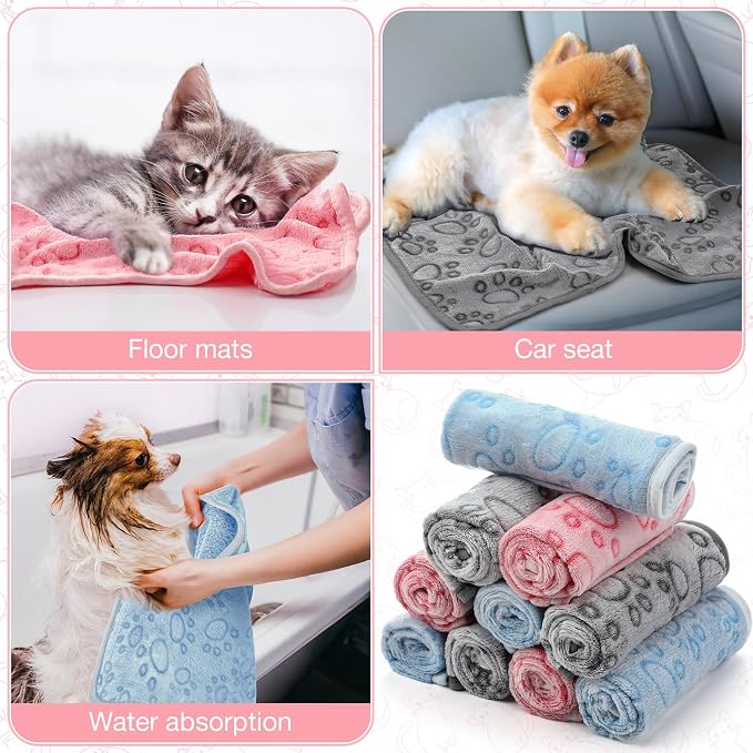 Tegeme 12 Pcs Pet Blankets 30 x 20 Inch Soft Fluffy Fleece Dog Cat Warm Paw Print Pattern Blankets Flannel Throw for Pets Dog Puppy Cat(Pink,Gray,Blue)