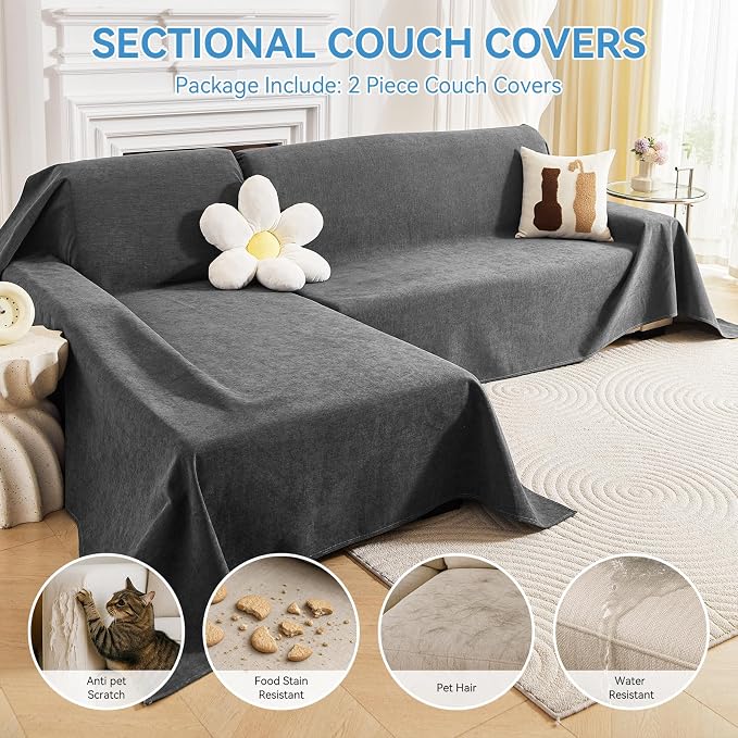 Deep Dream Sectional Couch Covers, 2 Pieces 100% Waterproof L Shaped Sofa Cover, Non Slip Couch Cover for Dogs Cats Washable, Pet Friendly Sofa Slipcovers Furniture Protector (X-Large, Dark Grey)