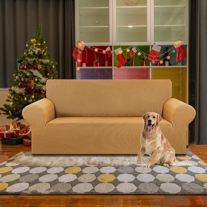 KEKUOU Stretch Loveseat Sofa Cover Slipcover,Couch Covers for 2 Cushion Couch Sofa (55"-78") Furniture Protector Sofa with Elastic Bottom for Kids,Dog. Jacquard Small Checked (Medium,Golden)