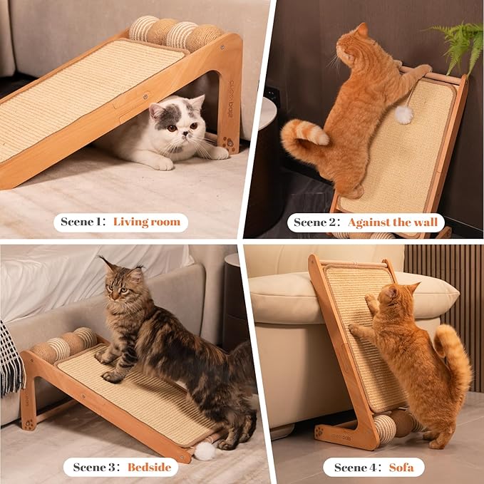 CHEERHOME PETS Sisal Cat Scratcher Ramp with Balls, 24.8" L Shape Cat Scratching Post Climbing Scratch for Indoor Cats, Solid Wooden Cat Furniture(Upgraded)