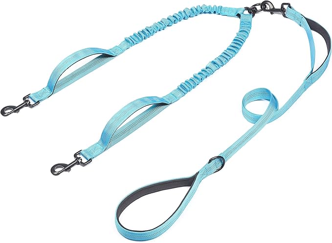 iYoShop Double Dog Leash with Three Extra Traffic Handles, 360 Swivel No Tangle Dual Dog Walking Leash, Comfortable Shock Absorbing Reflective Bungee for Two Dogs(15-120 lbs, Blue)