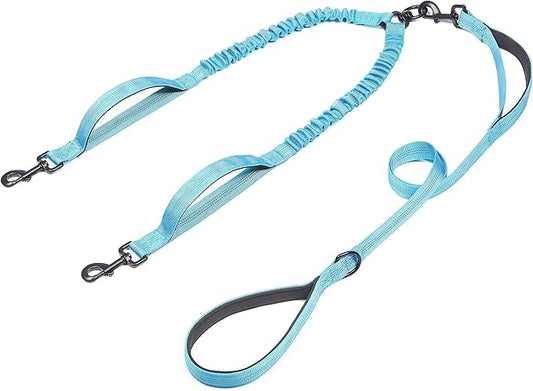 iYoShop Double Dog Leash with Three Extra Traffic Handles, 360 Swivel No Tangle Dual Dog Walking Leash, Comfortable Shock Absorbing Reflective Bungee for Two Dogs(15-120 lbs, Blue)