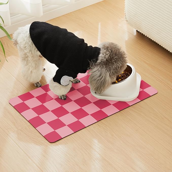 Checkered Dog Feeding Mat, Absorbent Mats for Dog Food and Water Bowl, Dispenser, Aesthetic Hot Pink Cute Checkerboard Pet Placemat for Dogs, Cats, Puppy Accessories (Coral, 12 x 19)