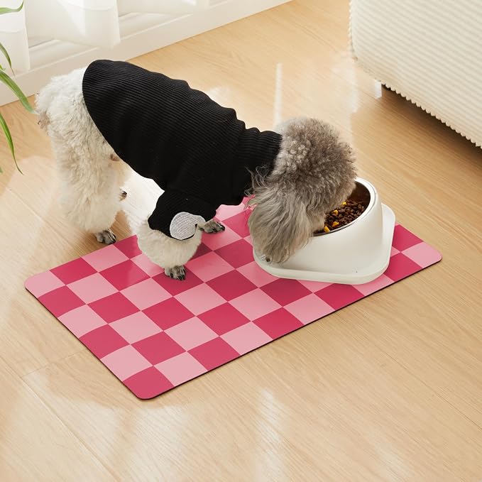 Checkered Dog Feeding Mat, Absorbent Mats for Dog Food and Water Bowl, Dispenser, Aesthetic Hot Pink Checkerboard Pet Placemat for Dogs, Cats, Puppy Accessories (Coral, 16 x 24)