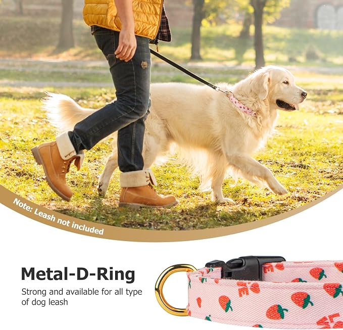 Cotton Handmade Dog Collar Cute and Distinctive Patterns Pink Strawberries with Pendant for Girl Boy Dogs Collars L