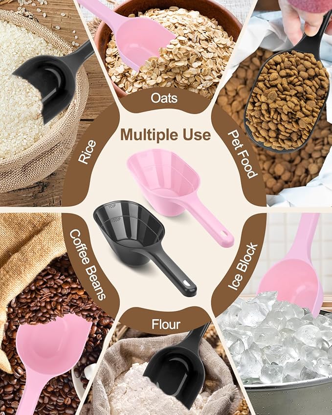 Dog-Cat Food-Scoop Measuring-Cup,1 Cup Capacity Versatile Plastic Pet Food Scoop with Measuring Lines 1 Cup and 1/2 Cup for Precise Portion Control (2, Black and Pink)