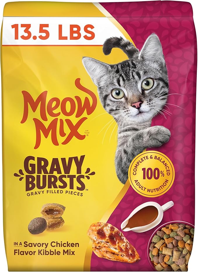 Meow Mix Gravy Bursts Gravy Filled Pieces Savory Chicken Flavors, Dry Cat Food, 13.5 lb. Bag