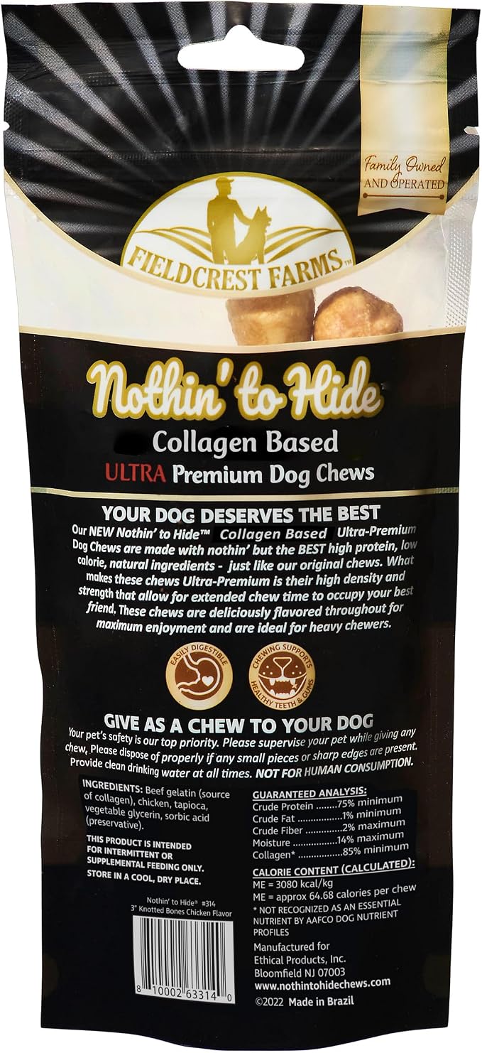 Fieldcrest Farms Nothin' to Hide 3 inch Ultra Knotted Bone Treats - Natural Rawhide Alternative Treats for Dogs, Collagen Based Snack for Heavy Chewers up to 15lbs - Chicken Flavor, 12 Pack