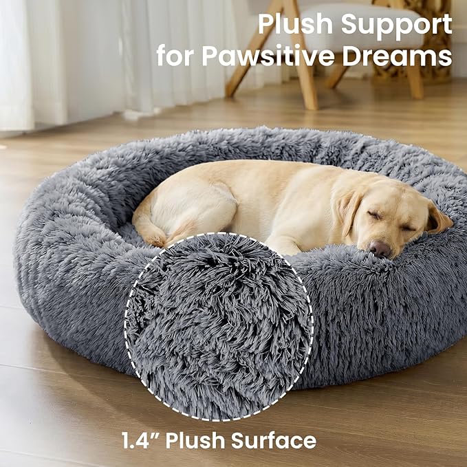 JOLLYVOGUE Calming Dog Beds Extra Large Sized Dog, 45in Donut Washable Large Pet Bed, Anti-Slip & Anti-Anxiety Fluffy Faux Fur Round Dogs Bed, Fits up to 125 lbs Pets (Smoke Black)