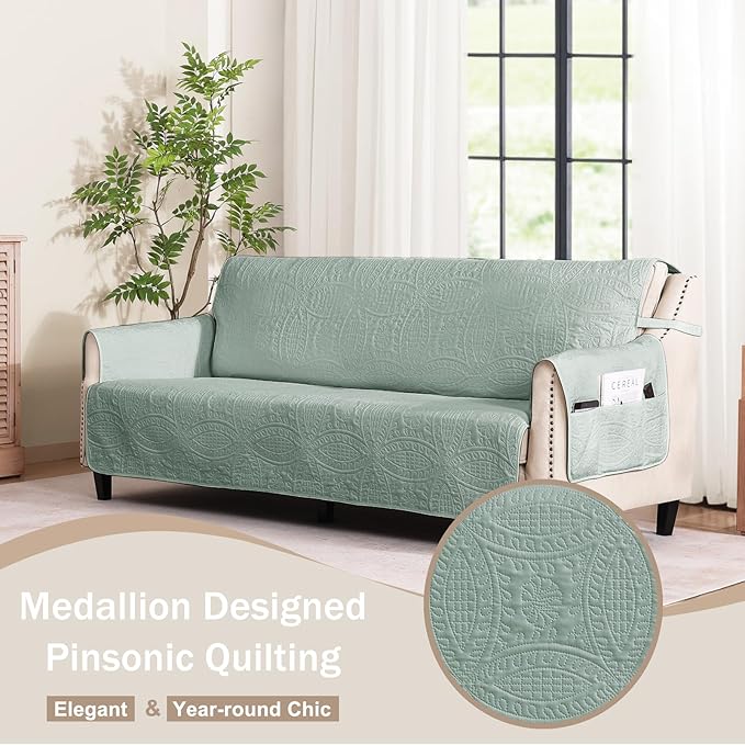 Sage Blue Quilted Sofa Cover, Anti-Slip Medallion Designed Couch Covers for 3 Cushion Couch, Sofa Slipcovers for Dogs Cats Water-Repellent, Machine Washable (Large Sofa 68", Sage Blue)