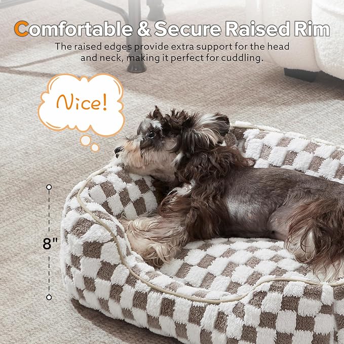 JOEJOY Dog Beds for Small Dogs -Cute Cat Beds for Indoor Cats Calming Pet Beds, Rectangle Orthopedic Cuddle Puppy Bed with Jacquard Shaggy Plush & Anti Slip Bottom, 20x19x6inches, Cofffee