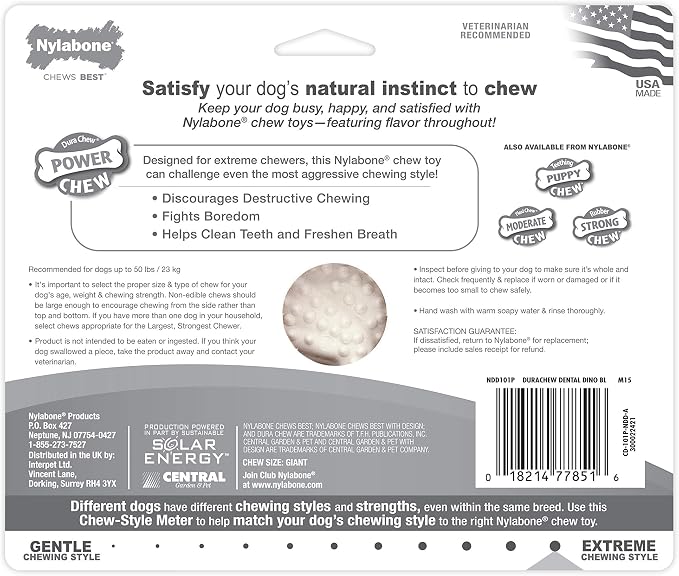 Nylabone Power Chew Dental Dinosaur - Dental Dog Toy for Aggressive Chewers - Large Dog Chew Toys for Teeth Cleaning - Durable Dog Toy for Large Breeds - Chicken Flavor, Large, Up to 50 Ibs. (1 Count)