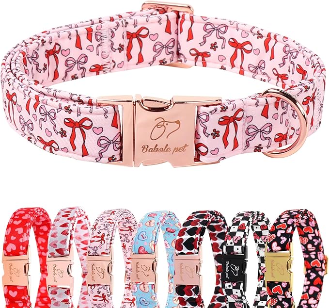 Pink Dog Collar for Female Large Dogs - Cute Bow Pattern Girl Dog Collar for Spring Summer, Adjustable Heavy Duty Pet Valentines Collars with Metal Buckle XL