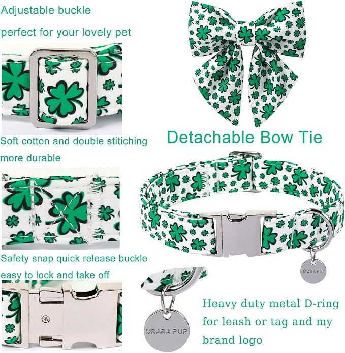 St. Patrick's Day Dog Collar with Bow Tie, Cotton St. Patrick's Day Bowtie Collar for Girl Boy Dog, Lucky Shamrock Dog Collar with Metal Buckle, Spring, L