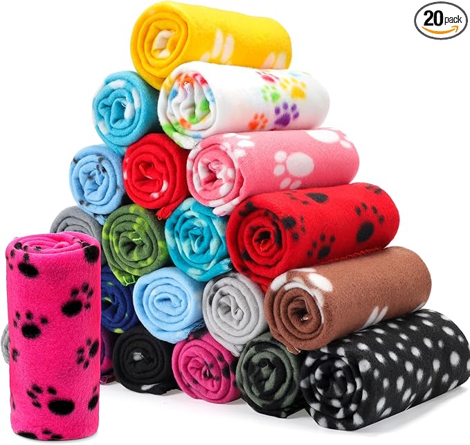 Eccliy 20 Pcs Puppy Blanket Pet Soft Fleece Dog Blankets Warm Felt Throw Sleep Mat Bed Covers for Doggie Puppy Pet Dogs Cat, 20 Styles(39 x 35 Inch,Paw)