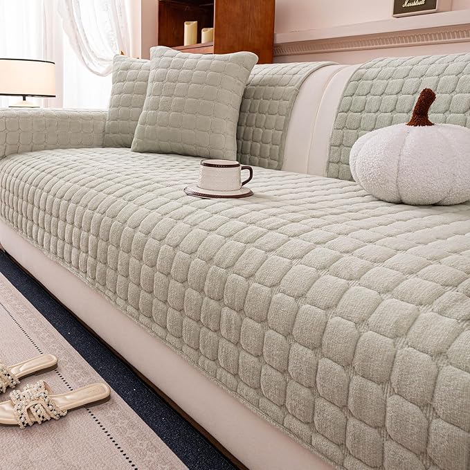 Velvet Couch Cover, Plush Sectional Sofa Cover Washable, Anti Slip Sofa Slipcover for Loveseat, Furniture Protector Covers for Pets & Kids(1PC,Sage Green,36"×47")
