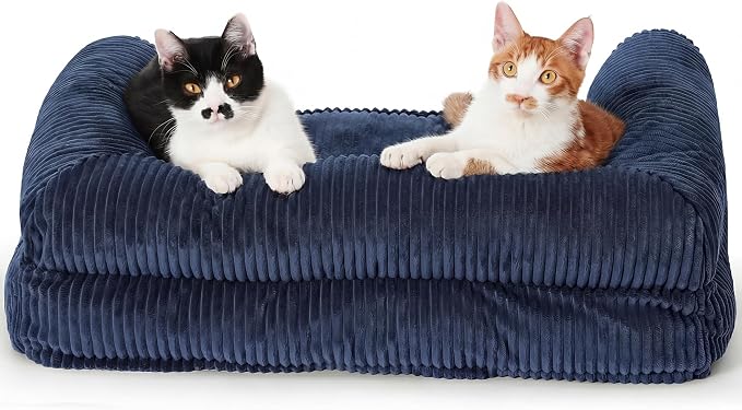 FUKUMARU Dog Couch Bed, Corduroy Cozy Cat Bed for Indoor Cats with Washable Cover, 28in Waterproof Orthopedic Dog Beds Sofa for Small Dogs and Large Cats, Cute Warm Cotton Pet Sofa, Blue