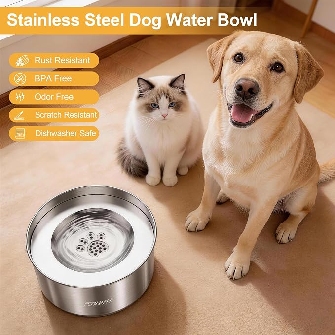 304 Stainless Steel Dog Water Bowl No Spill, 101oz/3L Large Capacity Pet Water Dispenser with Floating Disk, Non-Slip Slow Drink Feeder for Cat, Anti-Gulping & Splash Proof for Travel, Car & Home