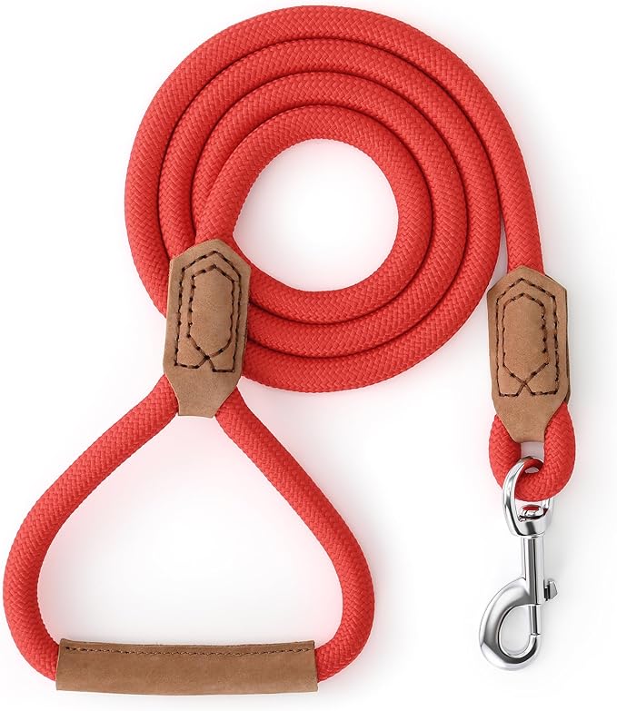 Mile High Life Leather Dog Leash, Heavy Duty Strong Genuine Leather Handle Rope Leash Soft and Comfortable for Small Medium Large Dogs (Red, 48 Inch)