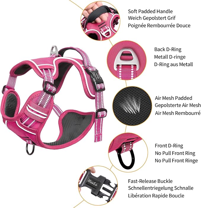 HEELE Dog Harness for Large Dogs No Pull Dog Vest Harness for Large Dog with Soft Padded Handle Reflective for Outdoor Training, Rose(Matching Trim), XL