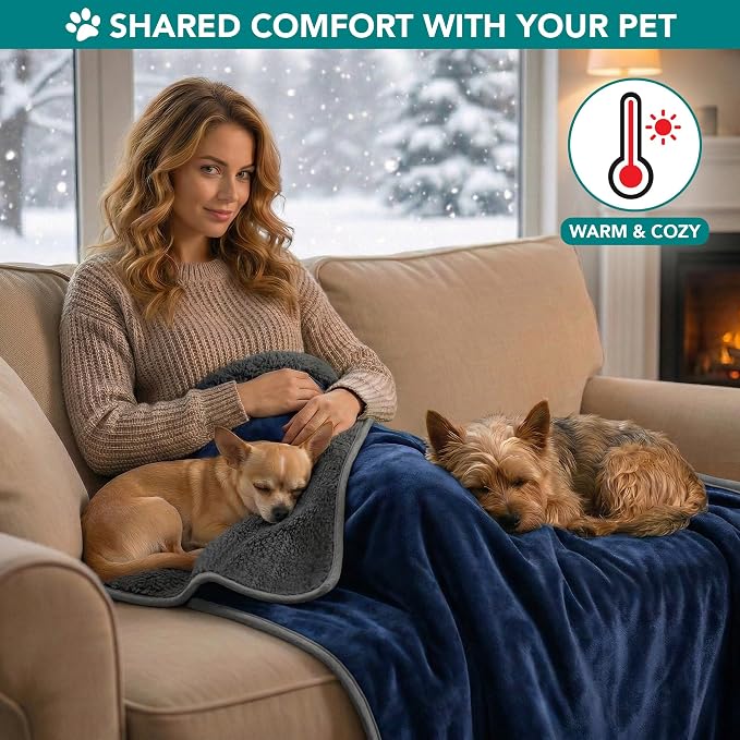 PETAMI Sherpa Fleece Waterproof CAT and Dog Blanket, Navy/Gray, Medium