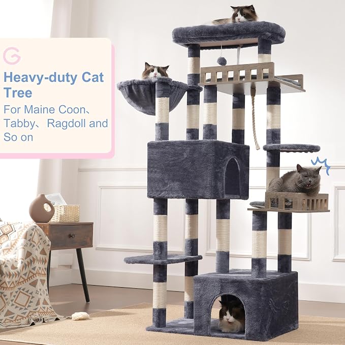 Gitelsnour Maine Coon Cat Tree, Heavy Duty Cat Tree for Indoor Cats Large Adult, Cat Tower for Large Cats 20 lbs+ with Hammock, 2 Big Perches, 2 Cat Condos, 15 Scratching Posts, Smoky Gray GCT033G
