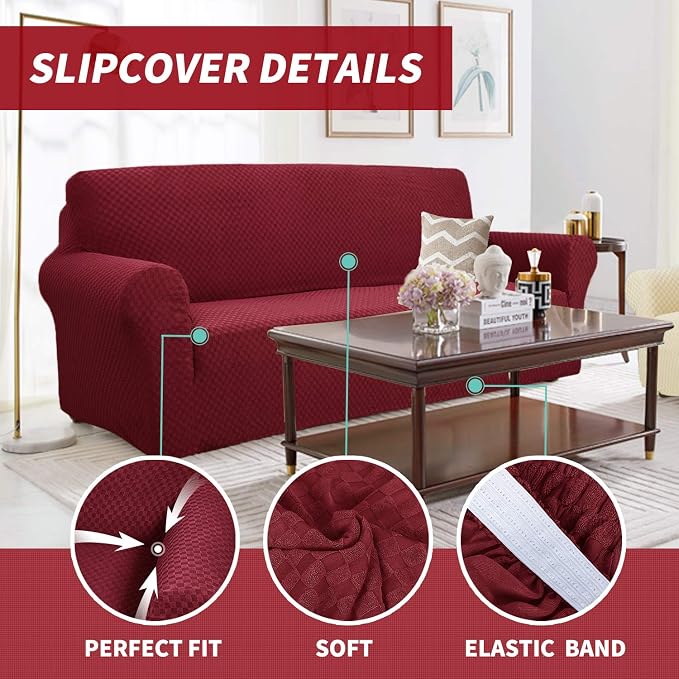 YEMYHOM Couch Cover Latest Jacquard Design High Stretch Sofa Covers for 2 Cushion Couch, Pet Dog Cat Proof Loveseat Slipcover Non Slip Magic Elastic Furniture Protector (Loveseat, Christmas Wine Red)