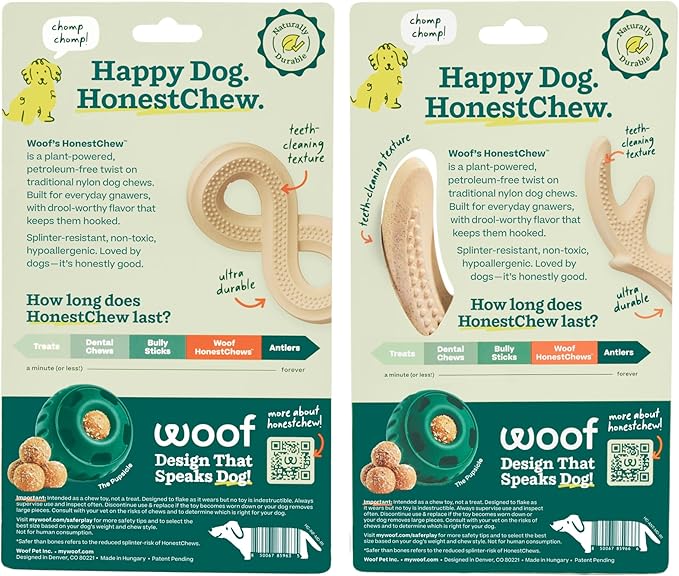 WOOF HonestChew Dog Toy Duo - Durable Dog Chews - Made with Plant-Based Ingredients - Splinter-Resistant - Safer Than Dog Bones - with HonestChew Antler and Infinity - Gift for Dogs - Medium