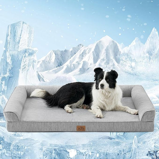 COZY KISS Cooling Dog Bed for Extra Large Dogs, 48"x32" Orthopedic Foam Sofa with Bolster Sides, Q-Max >0.4 Cooling Technology, Cool Pet Bed with Removable Washable Cover, Grey