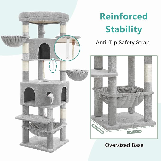 Cat Tree, 81.1" Skyward Corner Cat Tower for Large Cats with Diamond Hideout, Space-Smart Cat Furniture with Grand Platform, Firm Base, 3 Soft Hammock & Pet Relax Station, Light Gray VCT031W