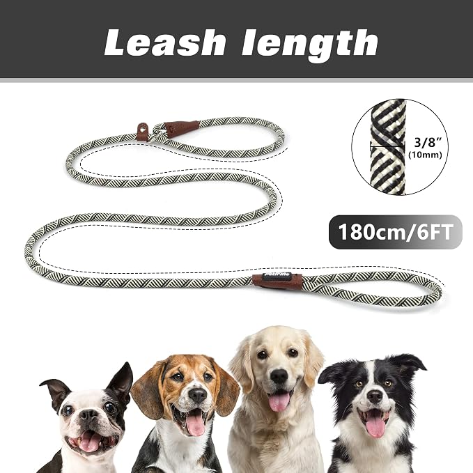 PetiFine Slip Lead, 6FT x 3/8" Reflective Durable Dog Training Leash, Heavy Duty Adjustable Nylon Dog Rope Slip Leash for Small to Large Dogs (Grey)