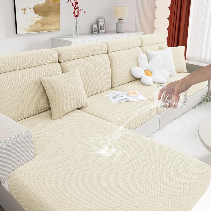 hyha Waterproof Couch Cushion Covers, Wear Resistant Couch Cover, Anti Slip Sofa Slipcovers Washable, Soft Thick Jacquard Furniture Protector for Pets Dog (3 Packs, Beige)
