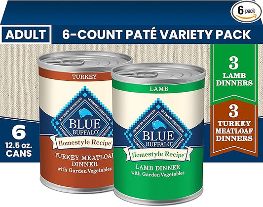 Blue Buffalo Homestyle Recipe Wet Dog Food Paté Variety Pack, Turkey Meatloaf Dinner & Lamb Dinner with Garden Vegetables, Made with Natural Ingredients, 12.5-oz. Can (6 Count, 3 of Each)
