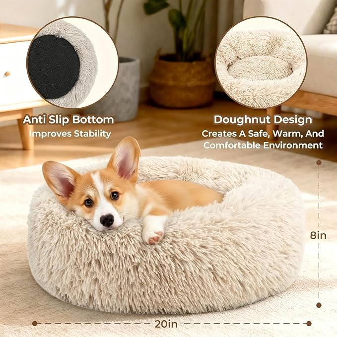 Calming Donut Dog and Cat Bed for Indoor Cats, Anti-Anxiety Round Fluffy Soft Washable Small Pet Bed for Puppy and Kitten, Warming Comfortable Luxury Anti-Slip Waterproof Mute Base 20in Light Brown