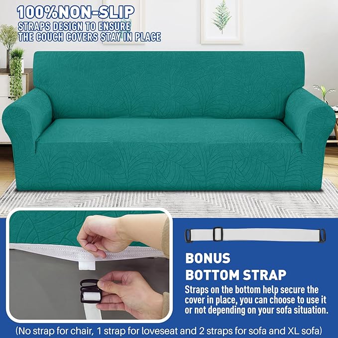 YEMYHOM Couch Cover Latest Jacquard Design High Stretch Sofa Covers for 3 Cushion Couch, Pet Dog Cat Proof Slipcover Non Slip Magic Elastic Furniture Protector (Large, Begonia Leaf Blackish Green)