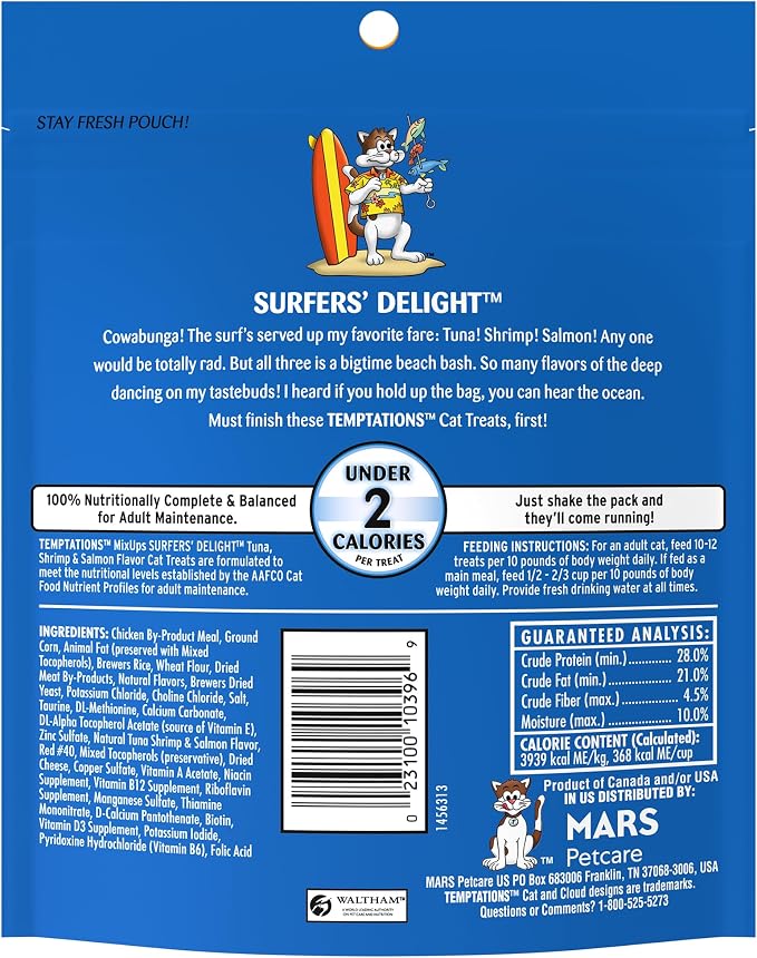 Temptations Cat Treats MixUps Surfer's Delight, Tuna, Shrimp, Salmon Flavor, Crunchy and Soft Cat Treats, 6.3 oz. Pouch (Pack of 10)