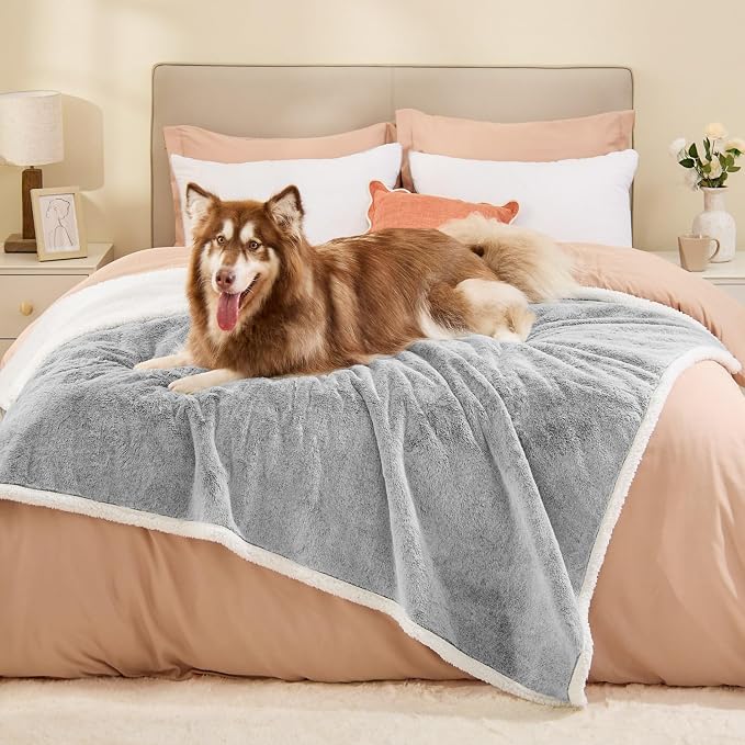 ChiXnuggle Waterproof Dog Blankets for Large Dogs, Reversible Faux Fur & Sherpa Washable Pet Blanket, Soft Pet Throw for Couch Bed Protection, 60"x80", Light Grey
