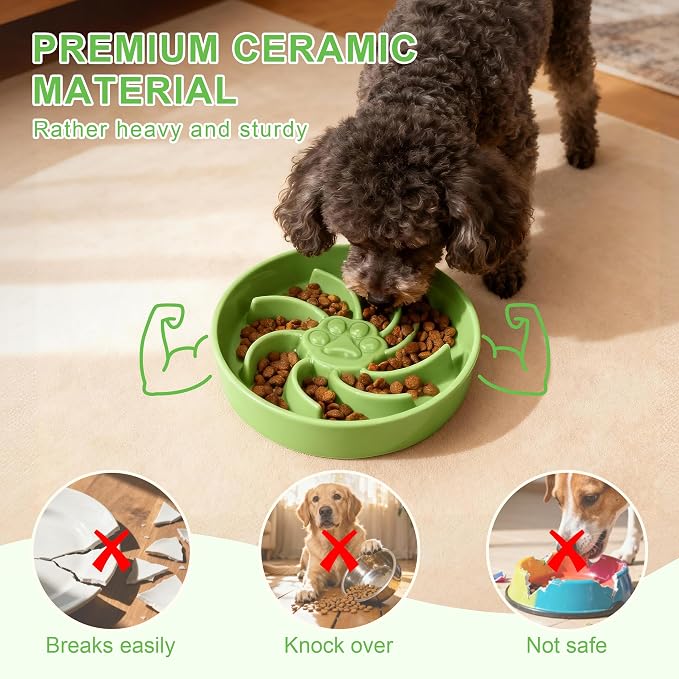 Ceramic Slow Feeder Dog Bowl, 3 Cup Dog Food or 25oz Water, Slow Eating Bowl for Middle Breed, Maze Puzzle Feeder for Fast Eaters, Anti-Choking Stop Bloat, Non-Slip BPA Free (Green)