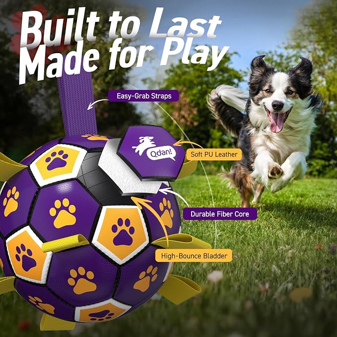 QDAN Dog Ropes Toys, Soccer Ball with Straps, Interactive Dog Toys for Tug of War, Dog Water Toy, Durable Balls for Medium Large Dogs（8 Inch）
