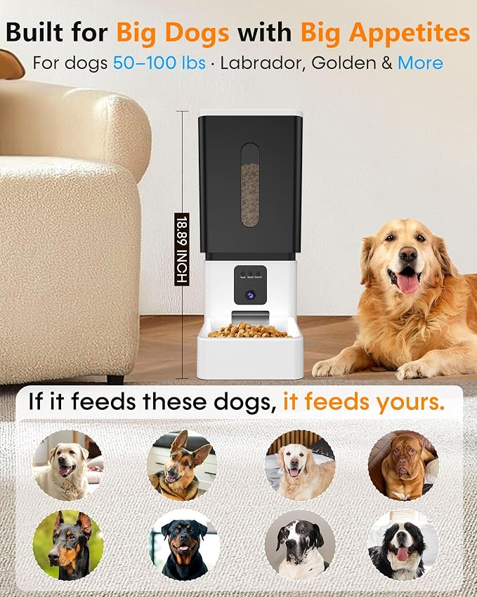 Large Breed Automatic Dog Feeder with 1080P HD Camera: 12L/50 Cups 20-Day Food Capacity for Busy Pet Owners - Anti-Clog Wide Outlet for Large Kibble