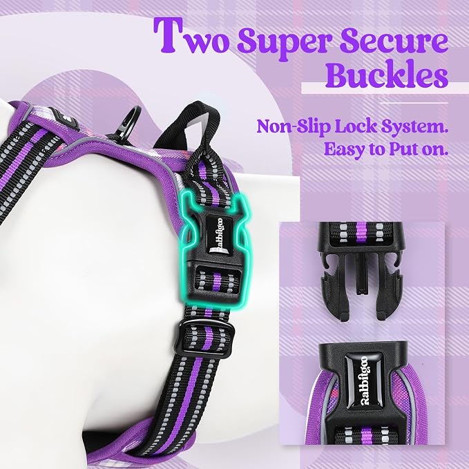 rabbitgoo Dog Harness No Pull with 2 Leash Clips, Adjustable Soft Padded, Reflective Oxford No Choke Pet Vest with Easy Control Handle for Small Dogs, Purple Plaid, S