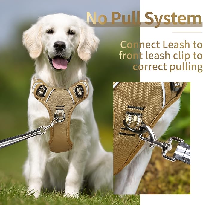 HEELE Dog Harness, Dog Harness for Small Medium Large Dogs No Pull Adjustable Padded Reflective Harness with Handle for Walking Training, Brown, L